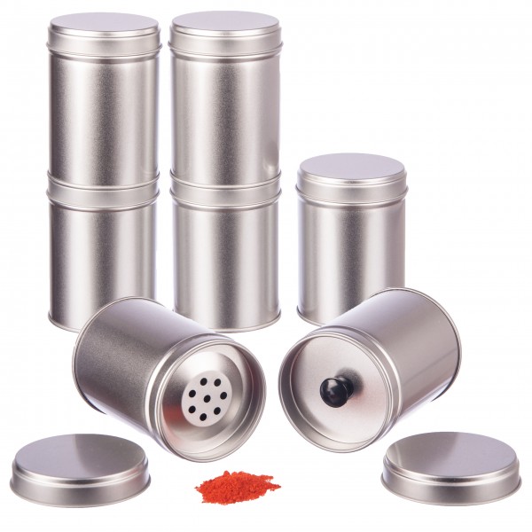 12 große Gewürzdosen mit extra Innendeckel + 2 gratis Streueinsätze, Ø 6,6cm, Höhe 9cm, stapelbar